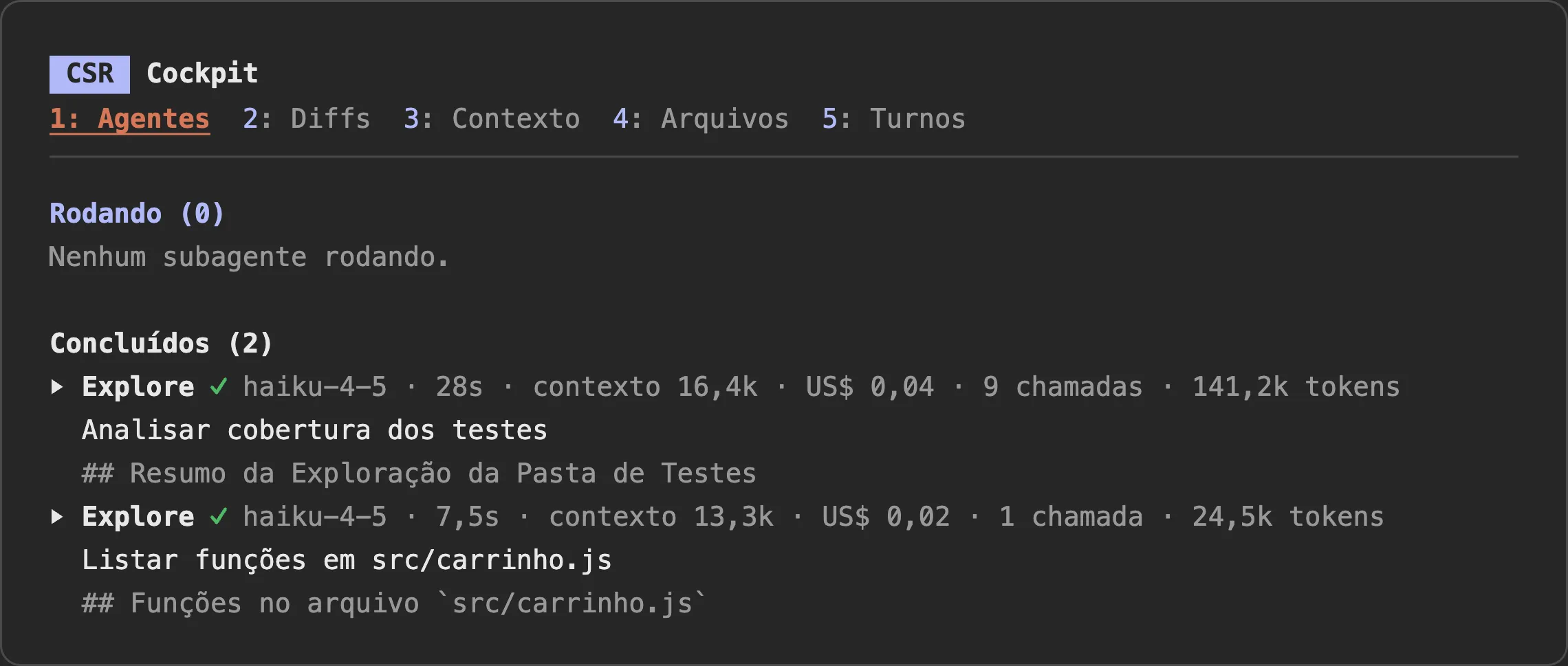 A aba Agentes do csr-cockpit com dois subagentes concluídos. O primeiro levou 28 segundos, ficou com 16,4 mil tokens de contexto, teve custo atribuído de 4 centavos de dólar e fez 9 chamadas. O segundo levou 7,5 segundos, ficou com 13,3 mil tokens, teve custo atribuído de 2 centavos e fez 1 chamada.